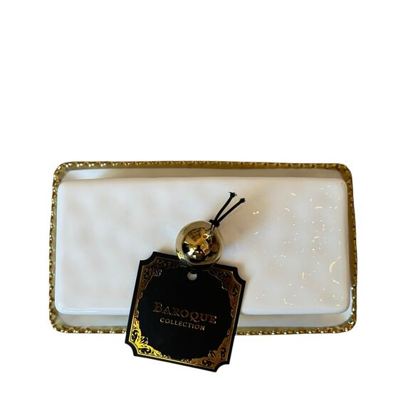 Baroque Covered Butter Dish 7in White Ceramic w/ Gold Beaded Trim Glam NEW - Picture 7 of 15